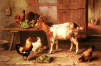 Edgar Hunt - Goat And Chickens Feeding In A Cottage Interior